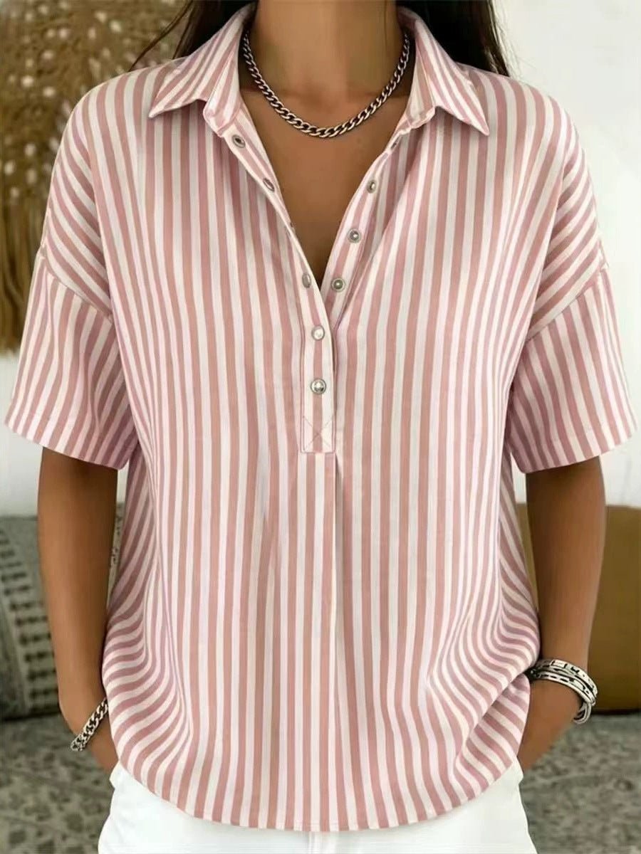 Dames Gestreepte Relaxed-Fit Korte Mouw Blouse met Kraag - Roze