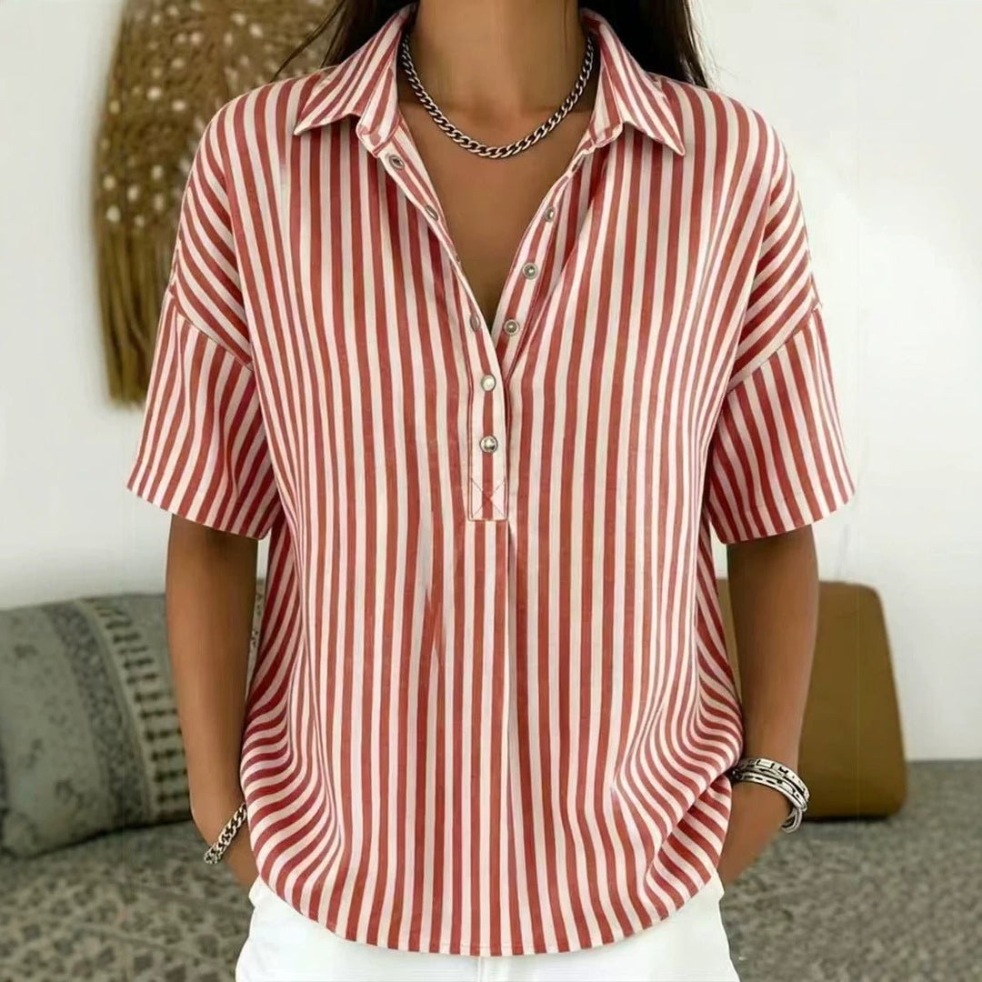 Dames Gestreepte Relaxed-Fit Korte Mouw Blouse met Kraag - Rood