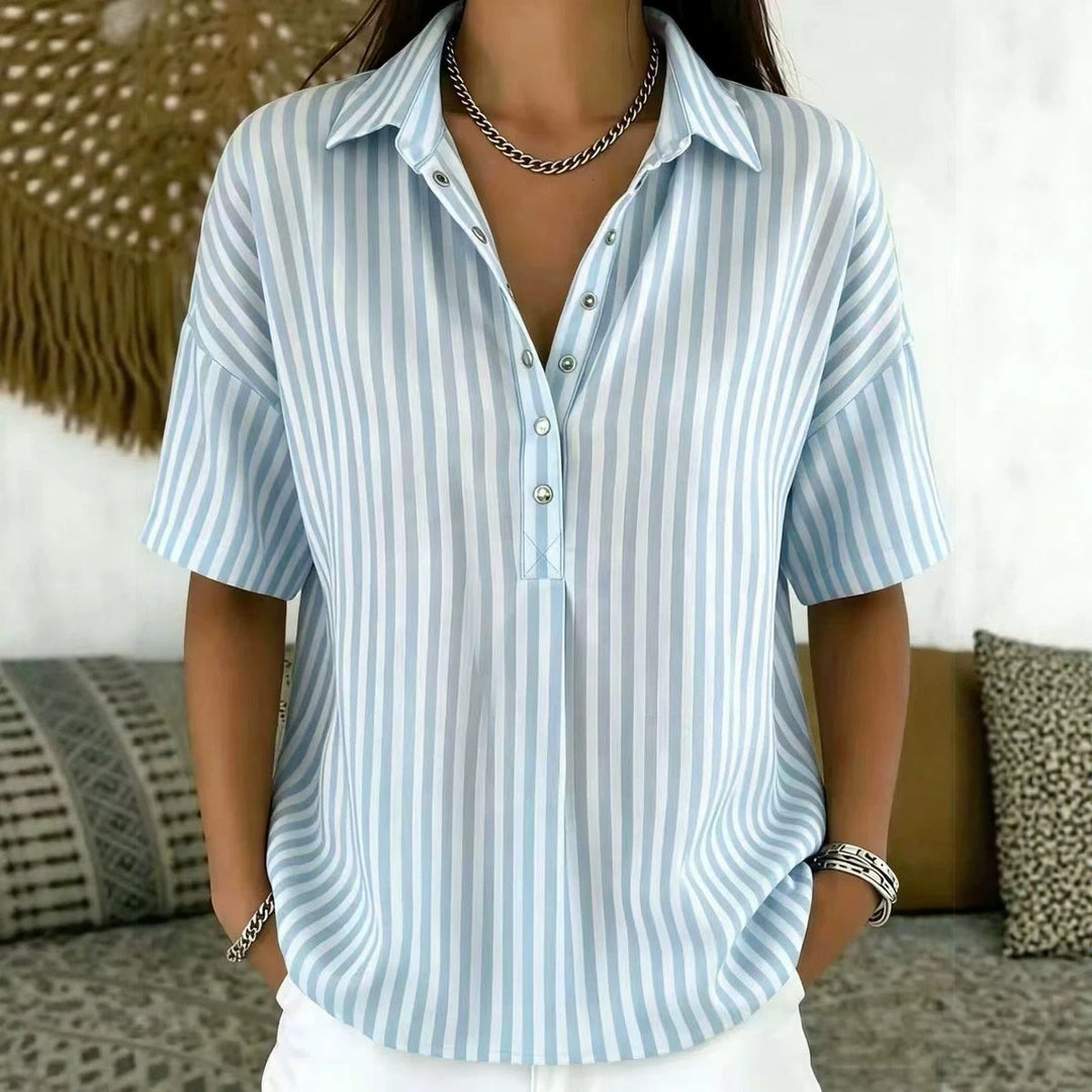Dames Gestreepte Relaxed-Fit Korte Mouw Blouse met Kraag - Blauw