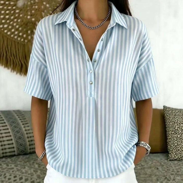 Dames Gestreepte Relaxed-Fit Korte Mouw Blouse met Kraag - Blauw