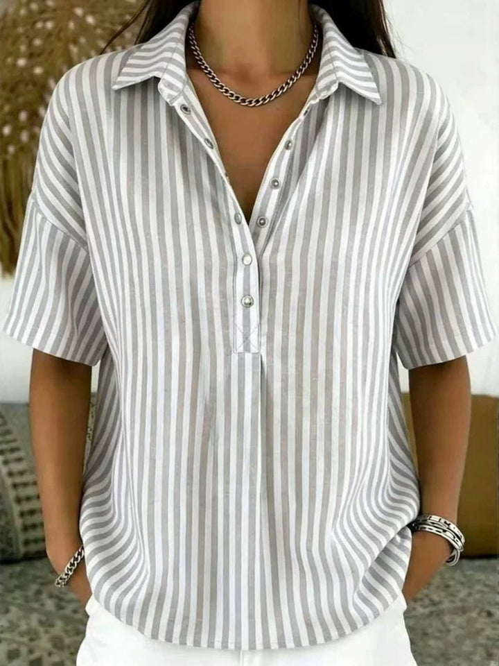 Dames Gestreepte Relaxed-Fit Korte Mouw Blouse met Kraag - Grijs