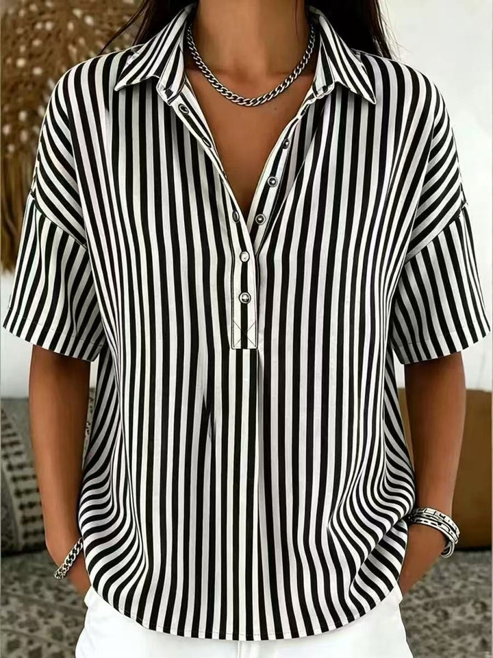 Dames Gestreepte Relaxed-Fit Korte Mouw Blouse met Kraag - Zwart