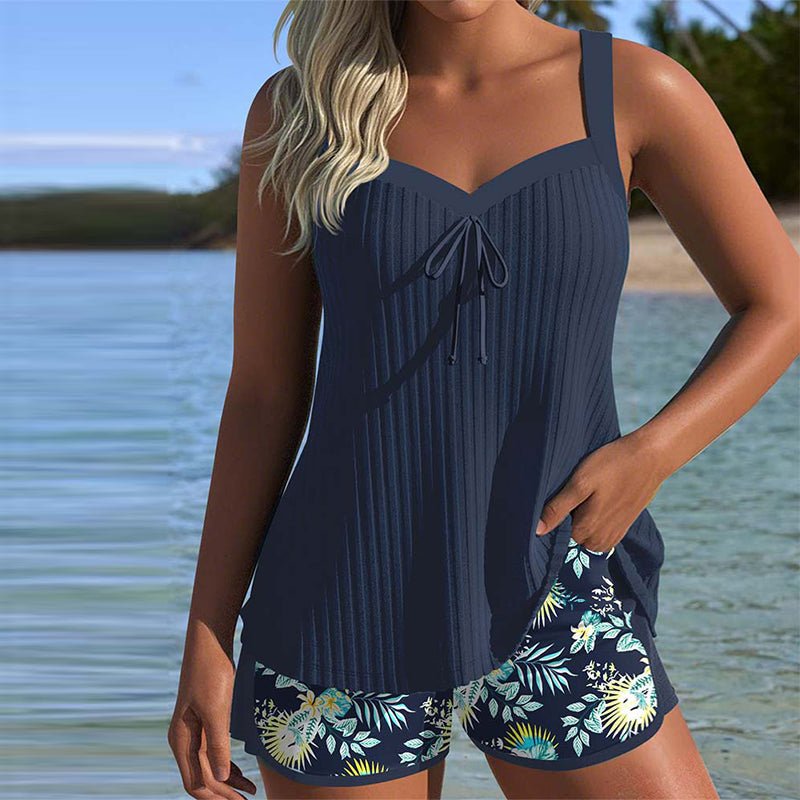 Dames Gestreepte Two-Piece Set Tankini Badpak Met Shorts - Navy Blue