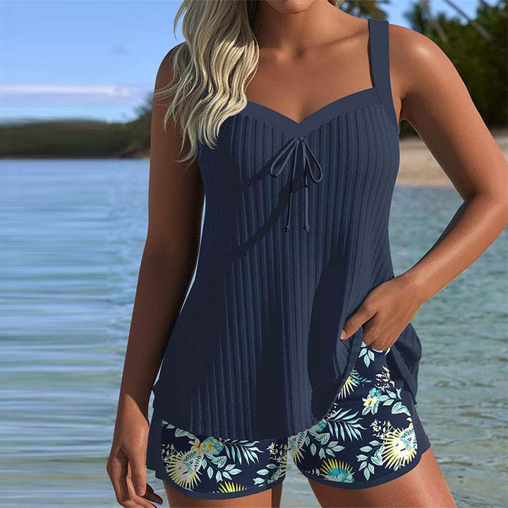 Dames Gestreepte Two-Piece Set Tankini Badpak Met Shorts - Navy Blue