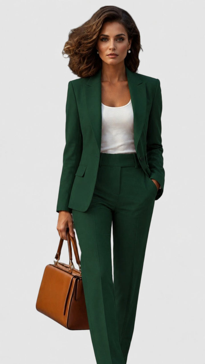 Dames Getailleerd Business Pak Set Blazer Pantalon - Dark Green