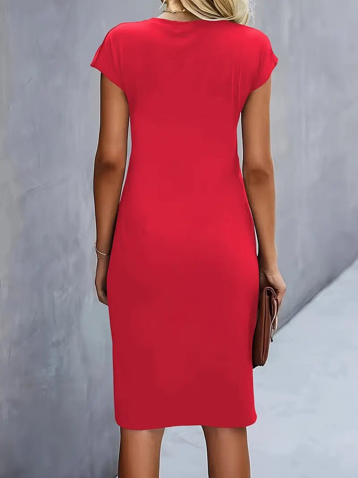 Dames Getailleerde Ruched Midi Jurk Korte Mouw Bodycon