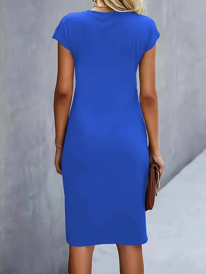 Dames Getailleerde Ruched Midi Jurk Korte Mouw Bodycon