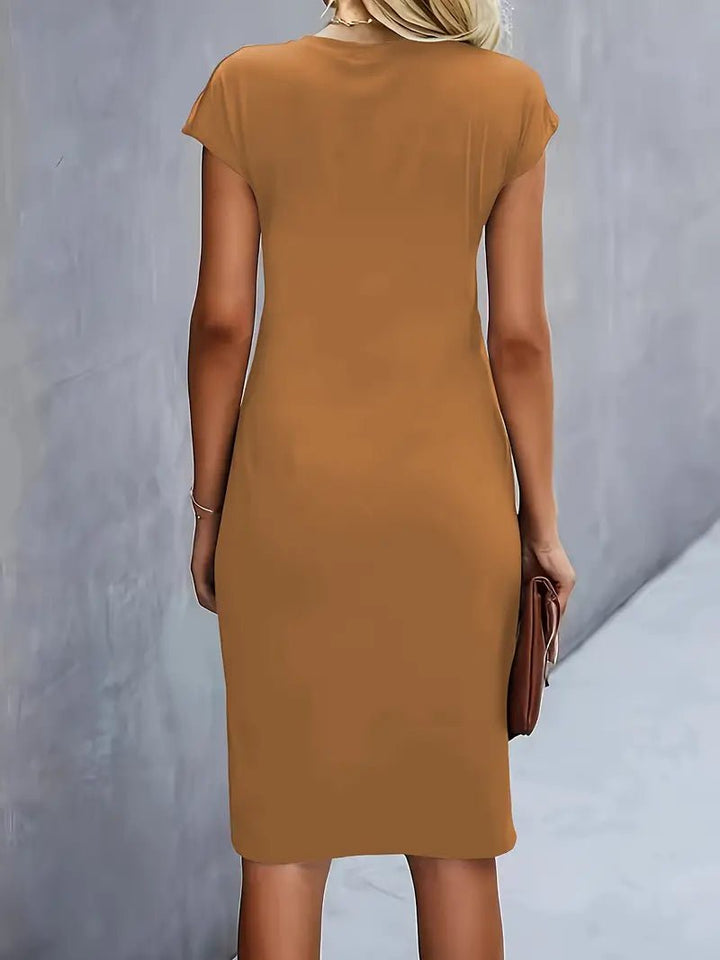 Dames Getailleerde Ruched Midi Jurk Korte Mouw Bodycon