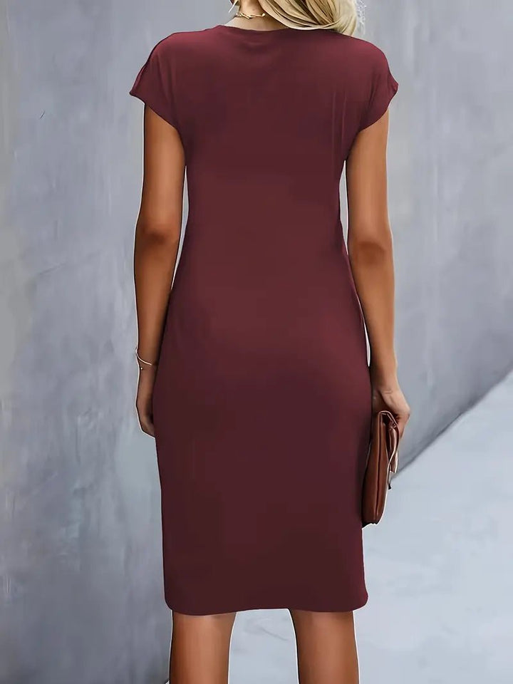 Dames Getailleerde Ruched Midi Jurk Korte Mouw Bodycon