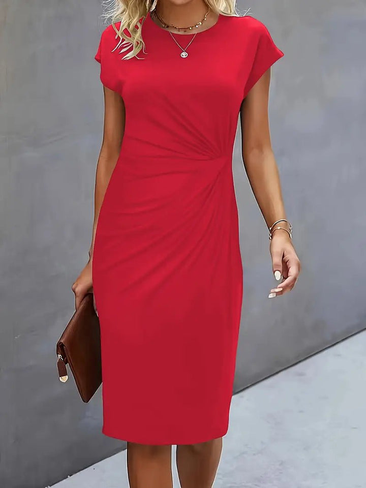 Dames Getailleerde Ruched Midi Jurk Korte Mouw Bodycon - Red