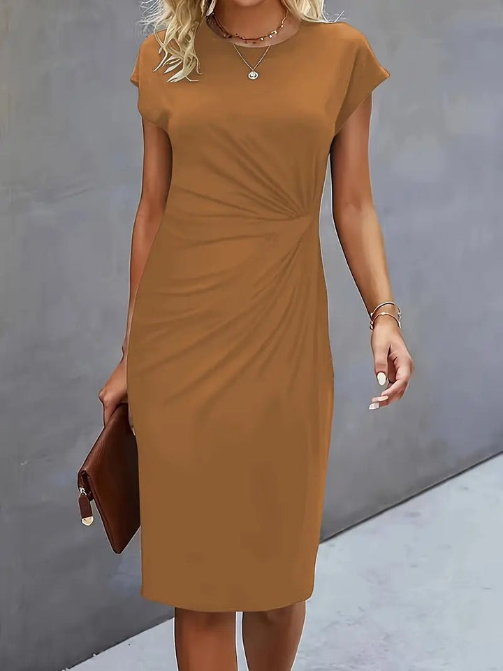 Dames Getailleerde Ruched Midi Jurk Korte Mouw Bodycon - Khaki