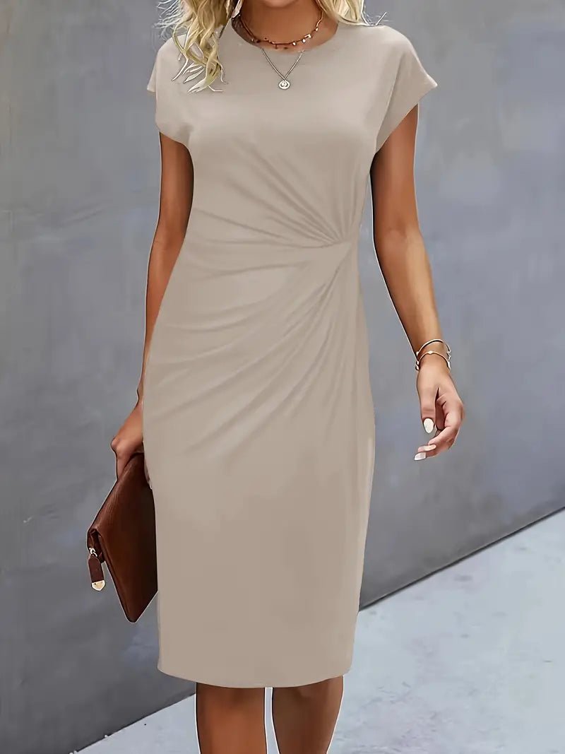 Dames Getailleerde Ruched Midi Jurk Korte Mouw Bodycon - Beige