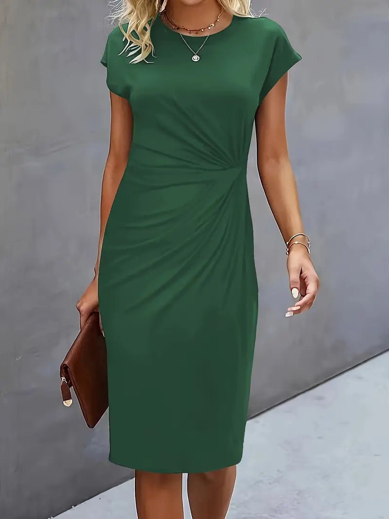 Dames Getailleerde Ruched Midi Jurk Korte Mouw Bodycon - Dark Green
