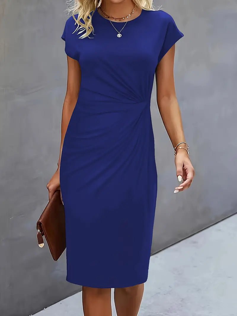 Dames Getailleerde Ruched Midi Jurk Korte Mouw Bodycon - Navy Blue
