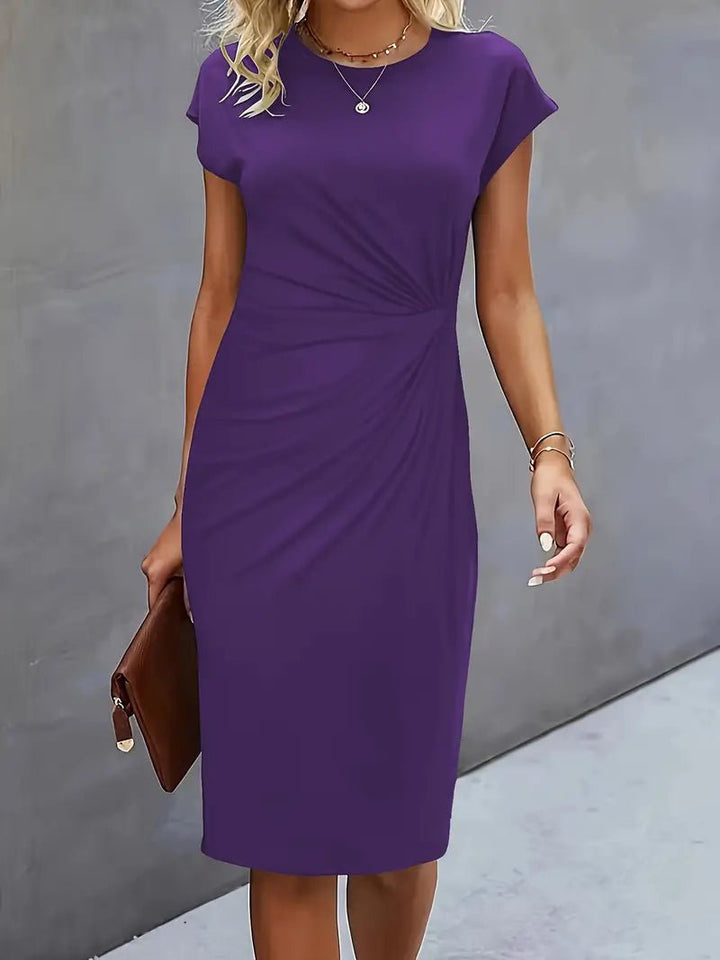 Dames Getailleerde Ruched Midi Jurk Korte Mouw Bodycon - Violet