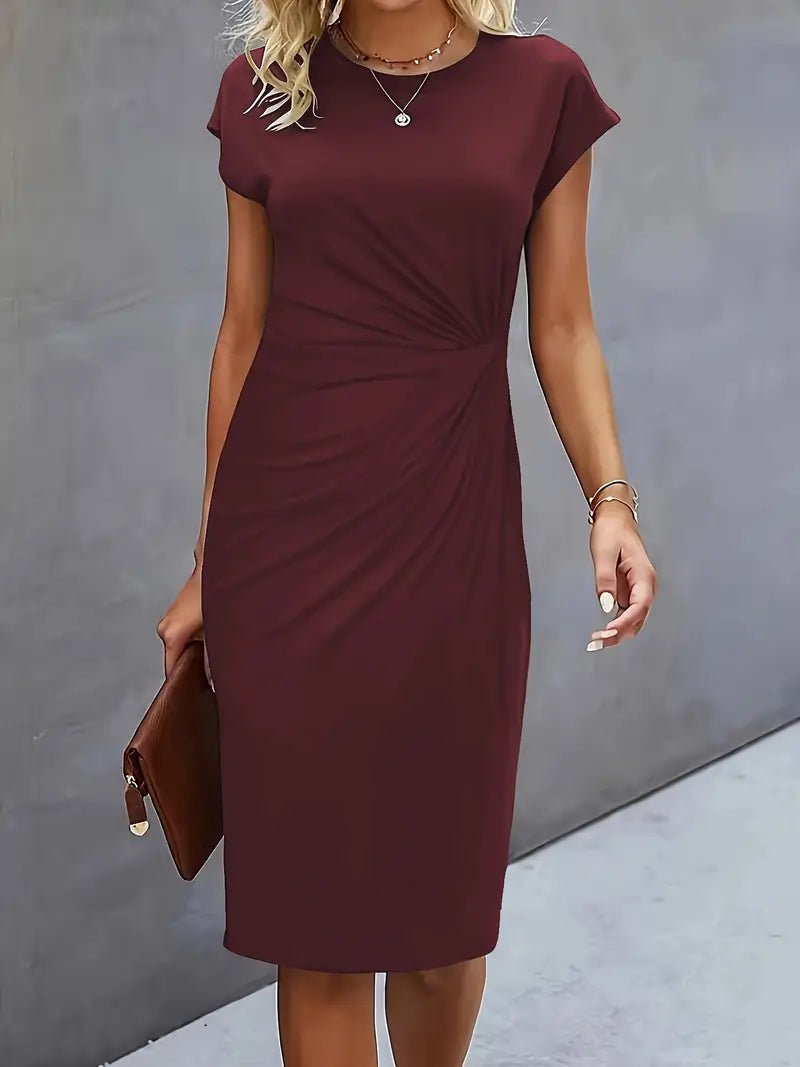 Dames Getailleerde Ruched Midi Jurk Korte Mouw Bodycon - Wine Red