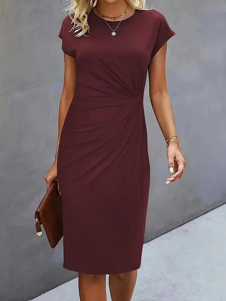 Dames Getailleerde Ruched Midi Jurk Korte Mouw Bodycon - Wine Red