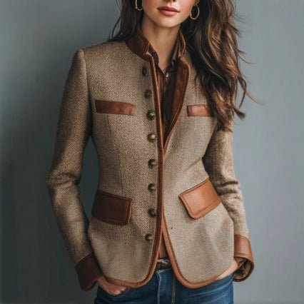 Dames Getailleerde Tweed Blazer Kunstleren Biesjes Knoopsluiting - Brown