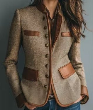 Dames Getailleerde Tweed Blazer Kunstleren Biesjes Knoopsluiting