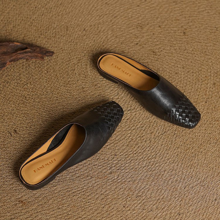 Dames Gevlochten Leren Muiltjes met Vierkante Neus en Lage Hak