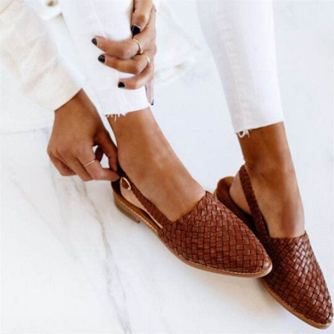 Dames Gevlochten Leren Slingback Comfortable Sandals Puntige Neus - Brown