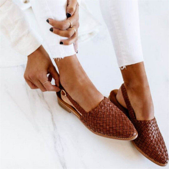 Dames Gevlochten Leren Slingback Comfortable Sandals Puntige Neus - Brown