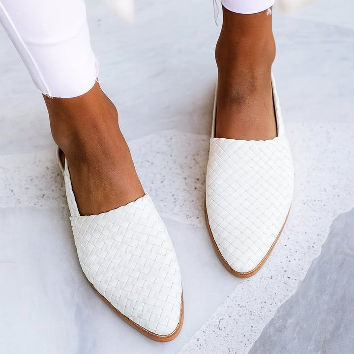 Dames Gevlochten Leren Slingback Comfortable Sandals Puntige Neus - White