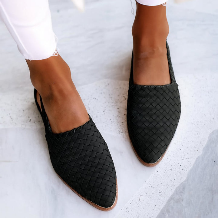 Dames Gevlochten Leren Slingback Comfortable Sandals Puntige Neus - Black
