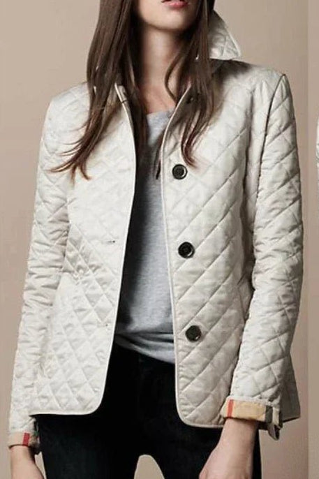 Dames Gewatteerde Blazer-Jasje Ruitpatroon Knoopsluiting - White