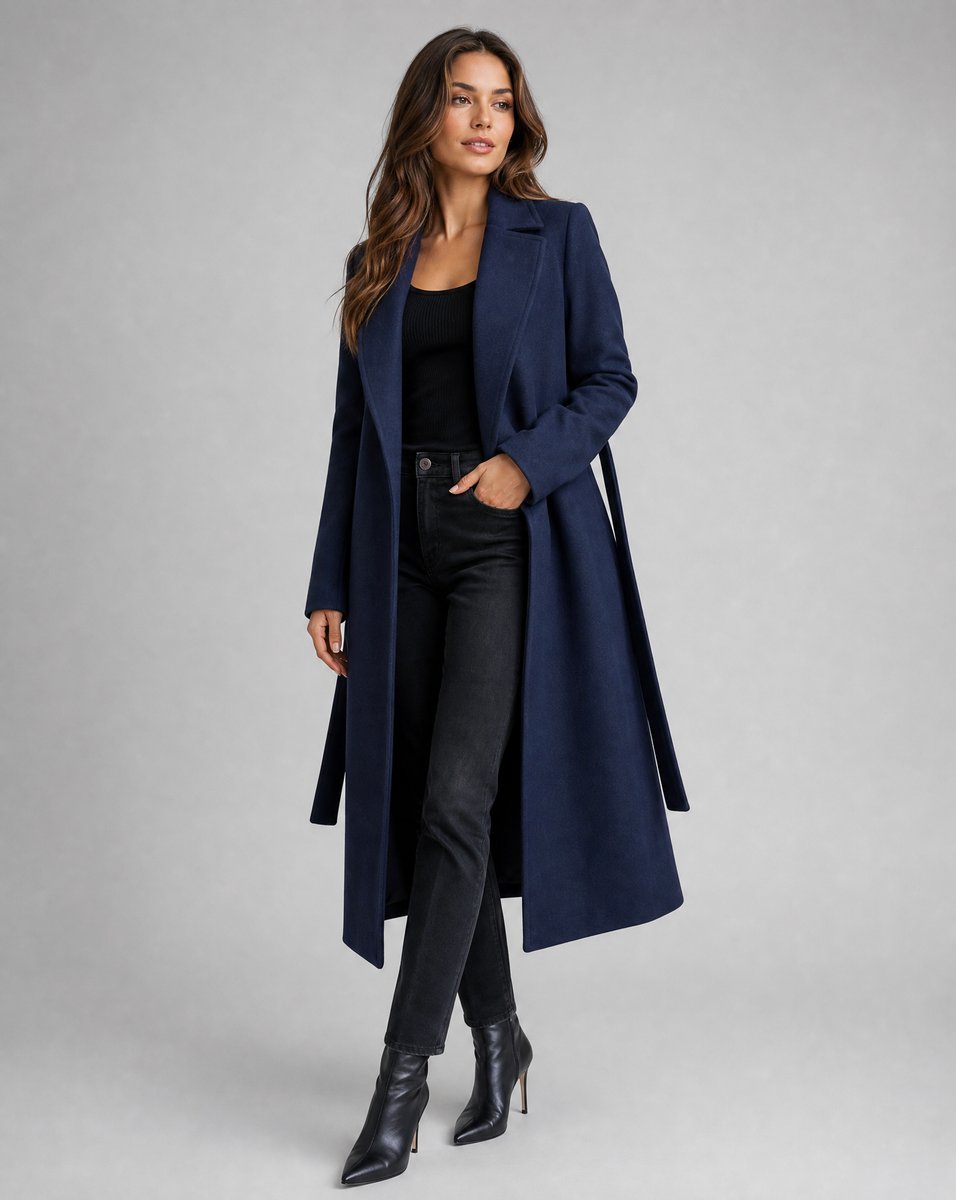 Dames Gewatteerde Wollen Lange Riem Trench Coat - Marineblauw