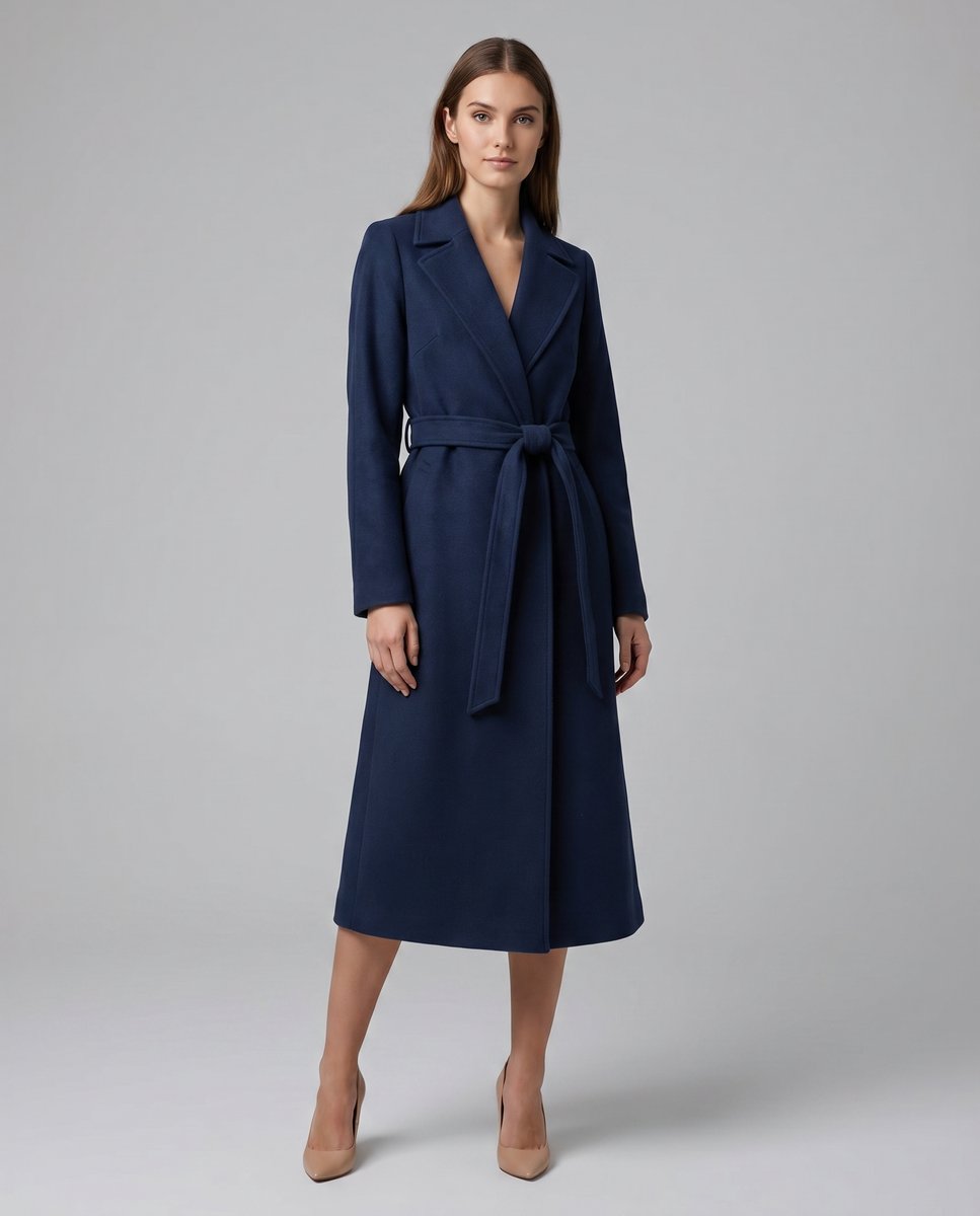 Dames Gewatteerde Wollen Lange Riem Trench Coat