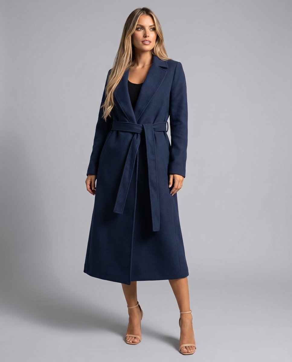 Dames Gewatteerde Wollen Lange Riem Trench Coat