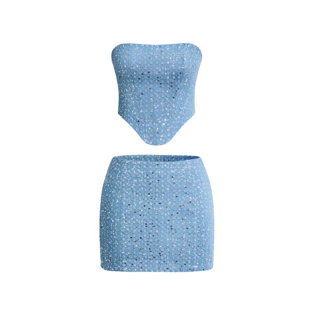 Dames Glitter Pailletten Denim Two-Piece Set Strapless Top Mini Rok