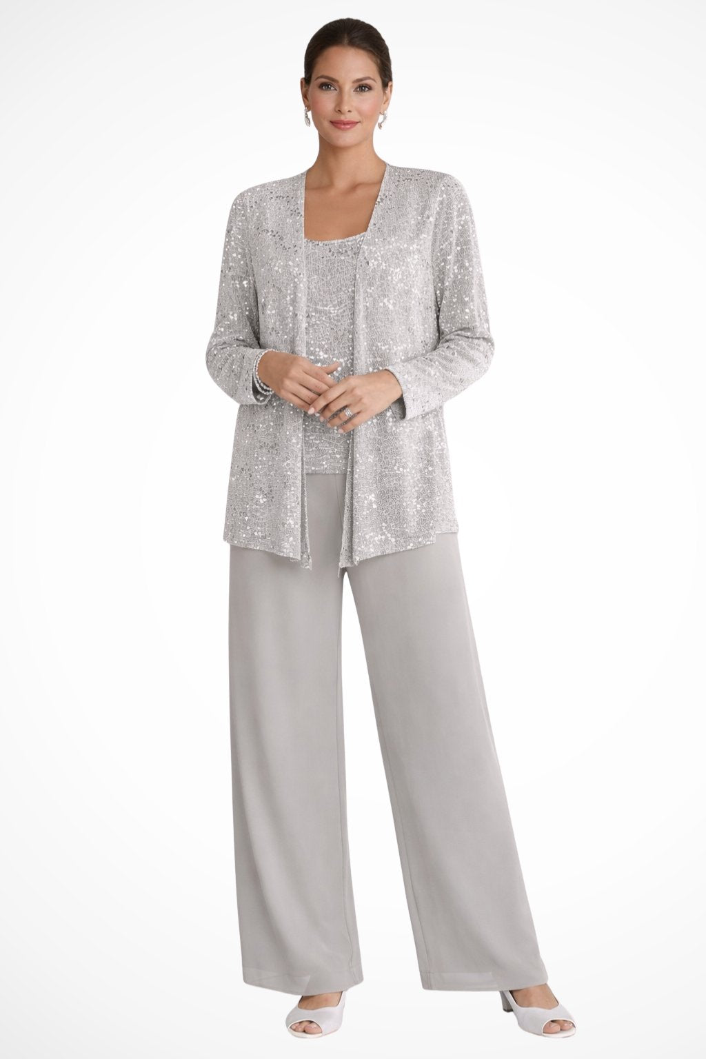 Dames Glitterende Driedelige Wide-Leg Pantalon Set - Grey