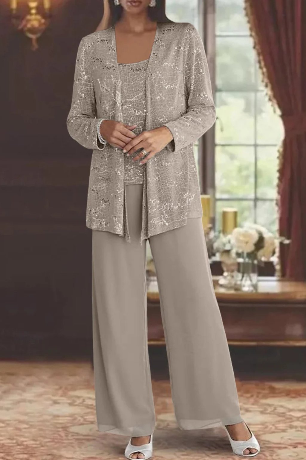 Dames Glitterende Driedelige Wide-Leg Pantalon Set