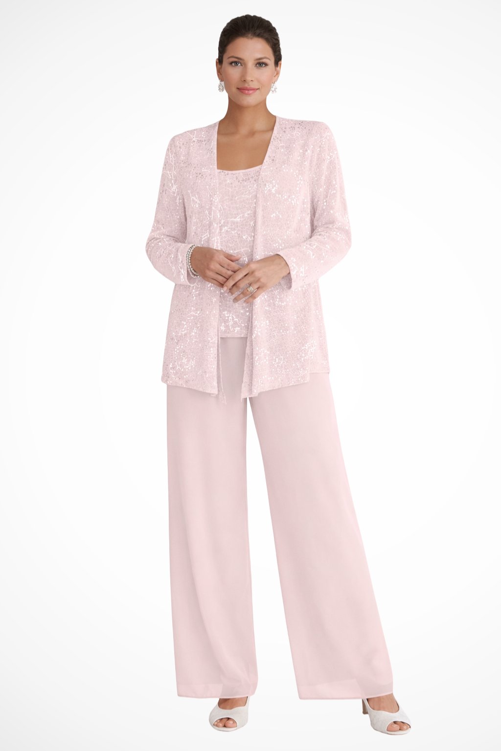 Dames Glitterende Driedelige Wide-Leg Pantalon Set - Light Pink