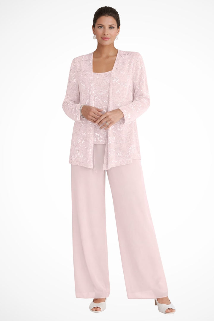 Dames Glitterende Driedelige Wide-Leg Pantalon Set - Light Pink