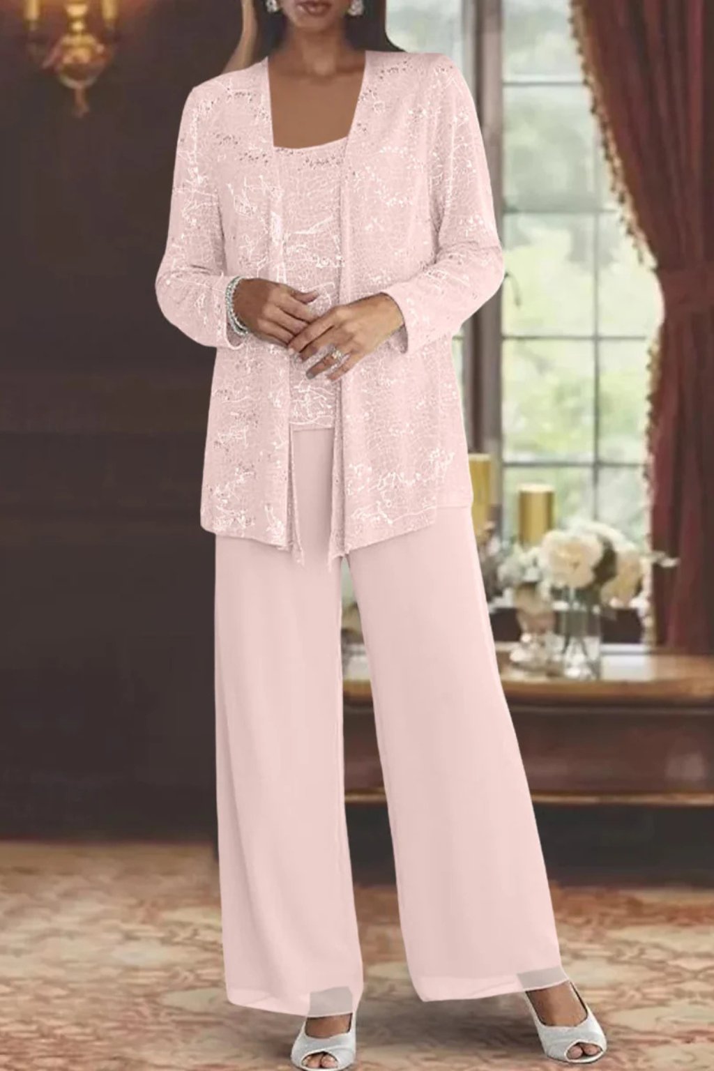 Dames Glitterende Driedelige Wide-Leg Pantalon Set
