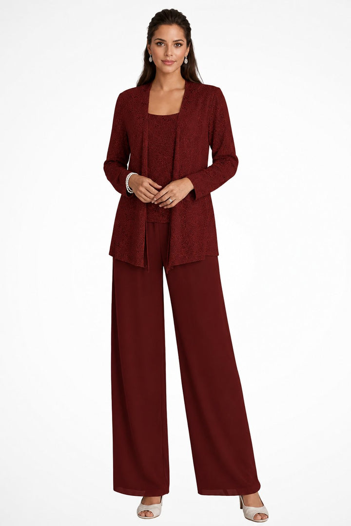 Dames Glitterende Driedelige Wide-Leg Pantalon Set - Burgundy