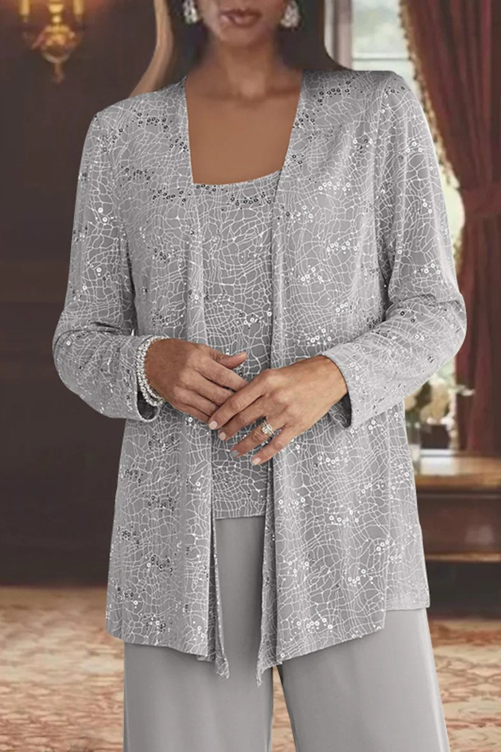 Dames Glitterende Driedelige Wide-Leg Pantalon Set