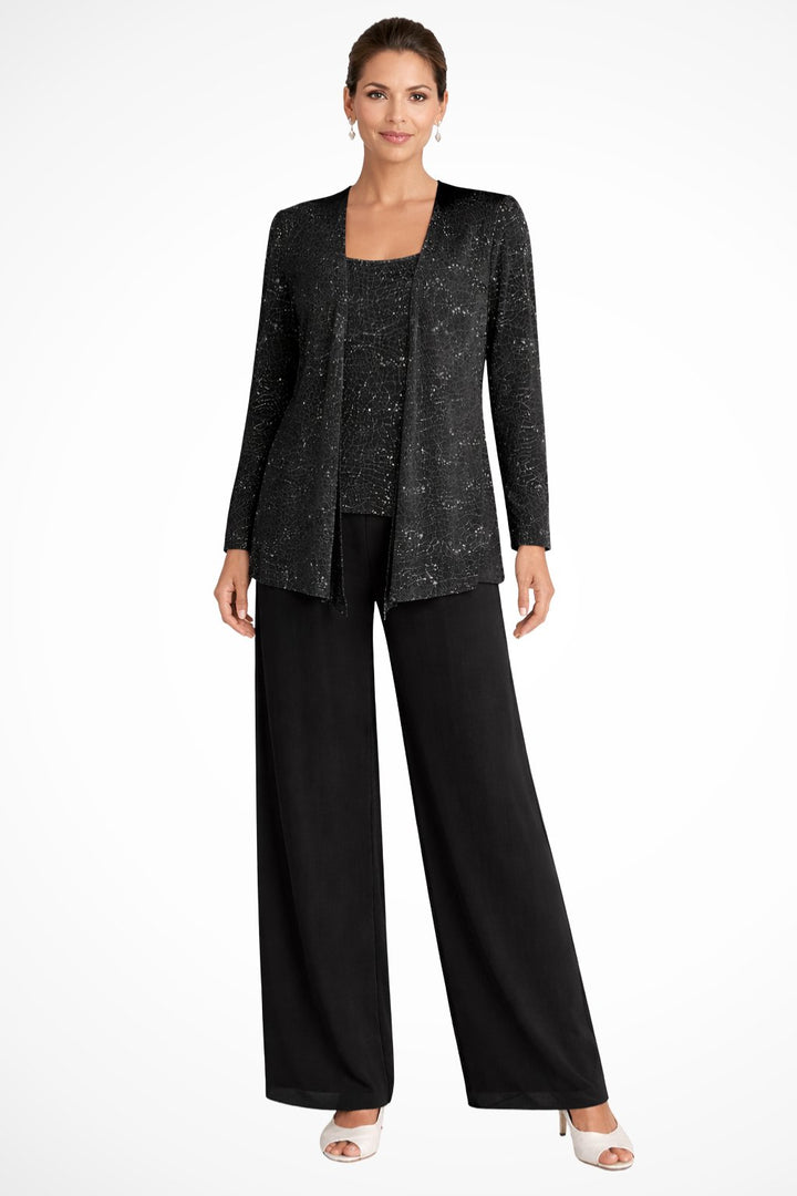 Dames Glitterende Driedelige Wide-Leg Pantalon Set - Black