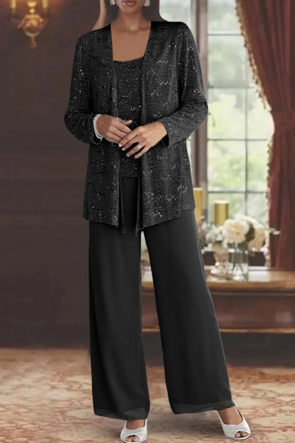Dames Glitterende Driedelige Wide-Leg Pantalon Set