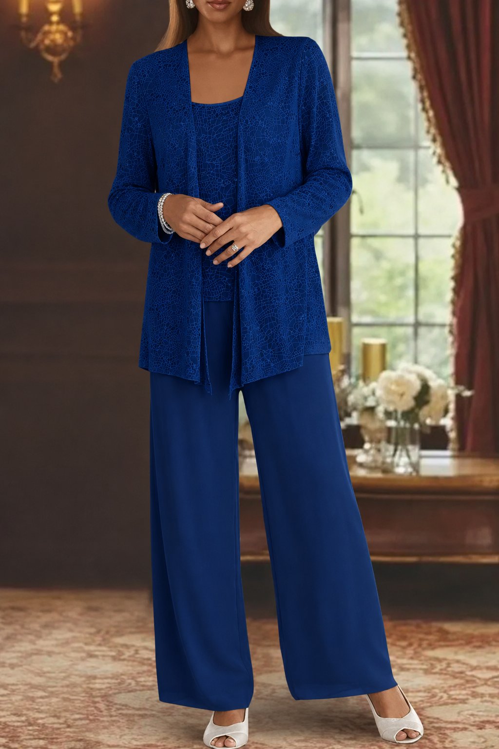 Dames Glitterende Driedelige Wide-Leg Pantalon Set