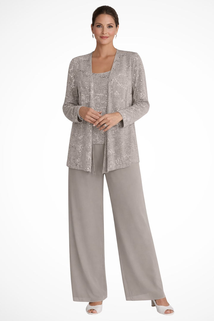 Dames Glitterende Driedelige Wide-Leg Pantalon Set - Beige