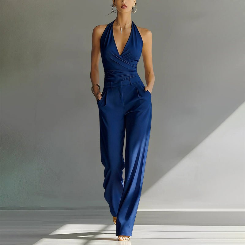 Dames Halter Chiffon Wide-Leg Jumpsuit - Blue