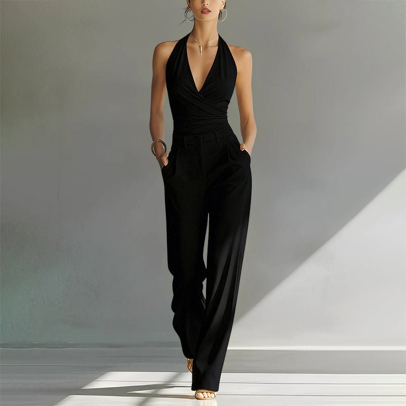 Dames Halter Chiffon Wide-Leg Jumpsuit - Black