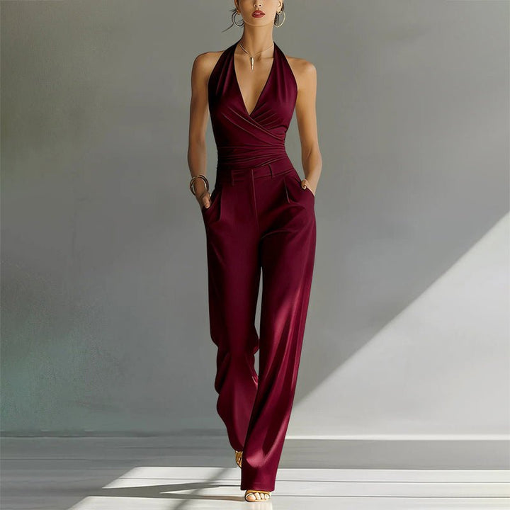 Dames Halter Chiffon Wide-Leg Jumpsuit - Red