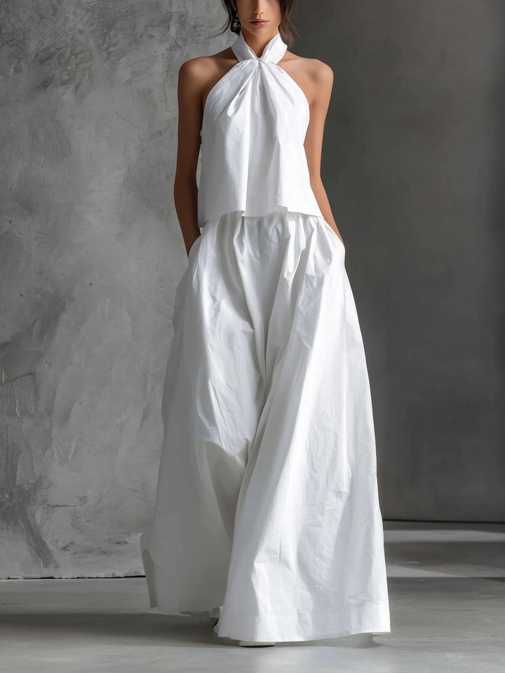 Dames Halter Linen Two-Piece Maxi Set - White