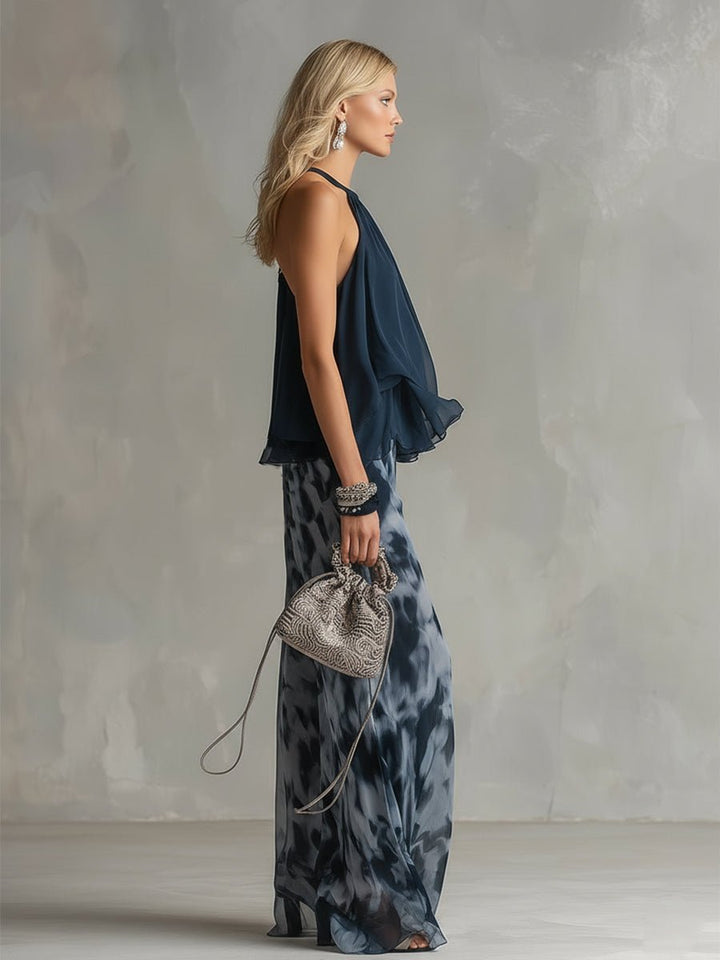 Dames Halter Ruffle Blouse Wijdbeense Broek Tweedelig Set