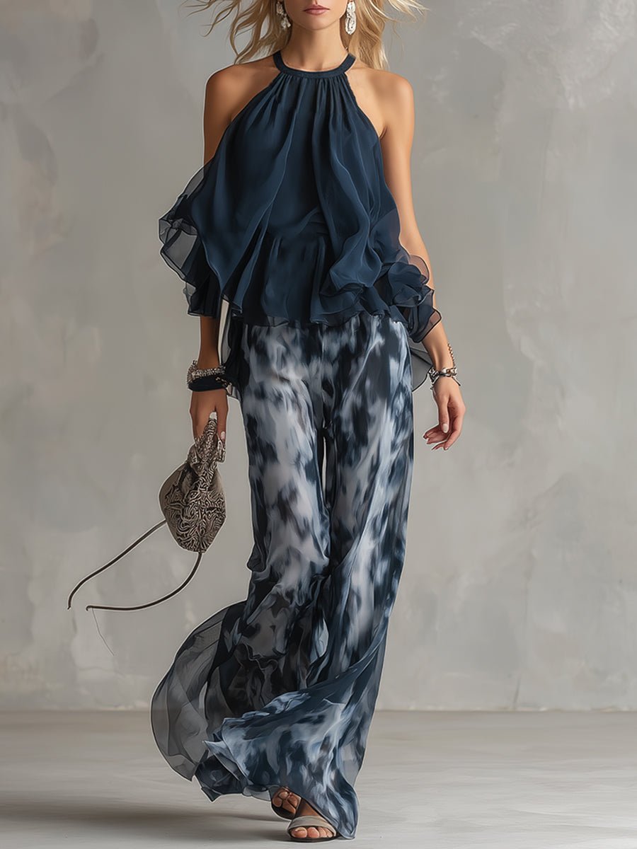 Dames Halter Wijdbeense Tweedelige Chiffon Broekset - Navy Blue